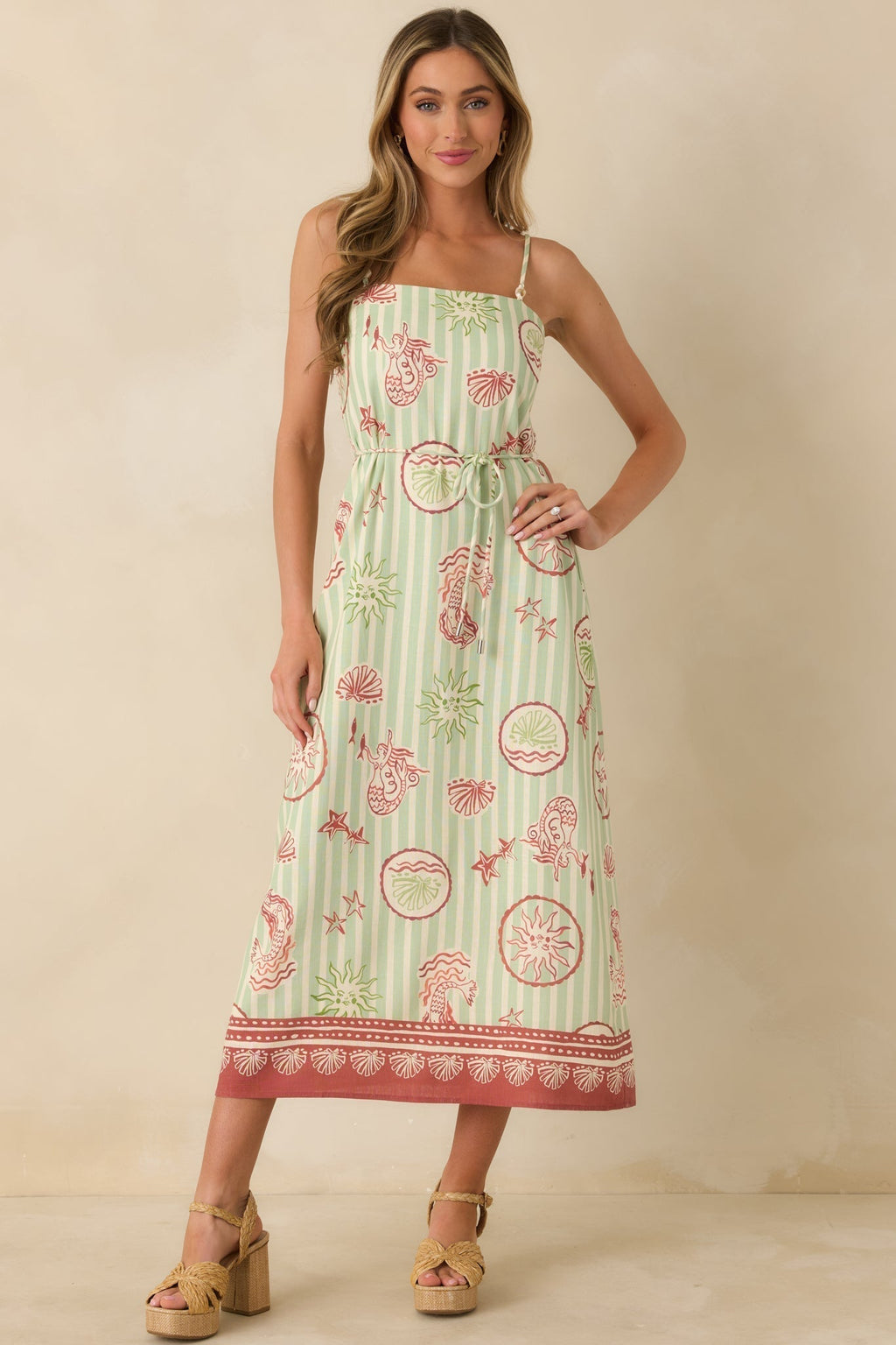 MINKPINK Soleil Green Stripe Linen Blend Tie-Waist Midi Dress oaklynwear