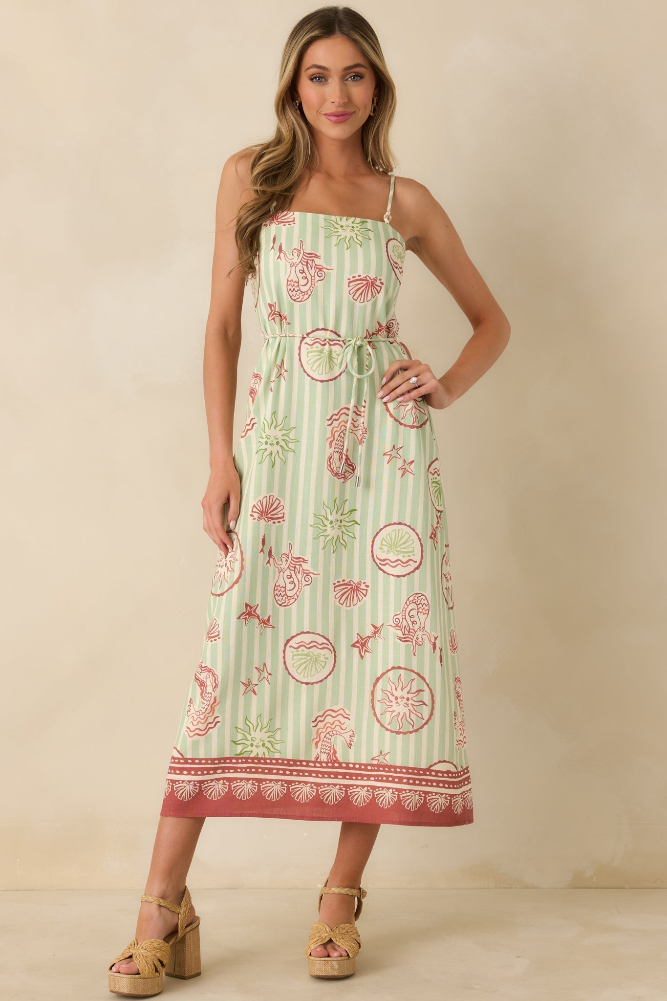 MINKPINK Soleil Green Stripe Linen Blend Tie-Waist Midi Dress oaklynwear