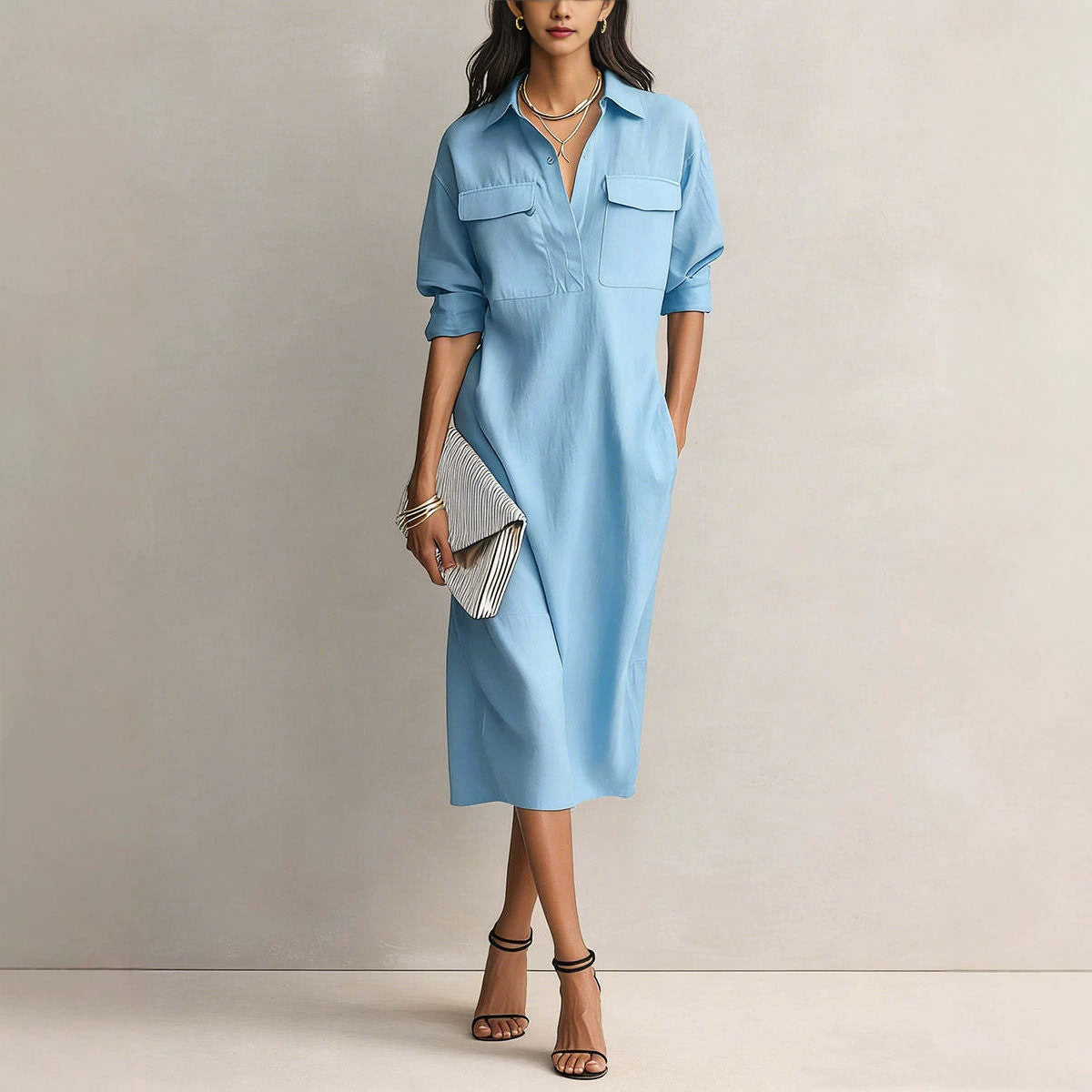 Frances | Black Linen Shirt Collar Midi Dress oaklynwear
