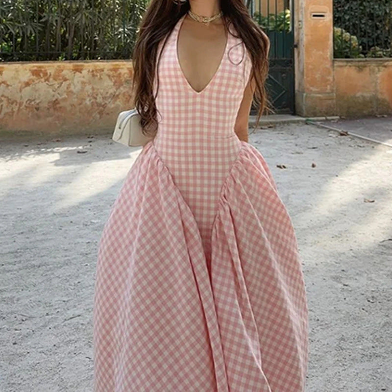 Women's Elegant French Style Pleated Maxi Dress – V-Neck Ruched... oaklynwear