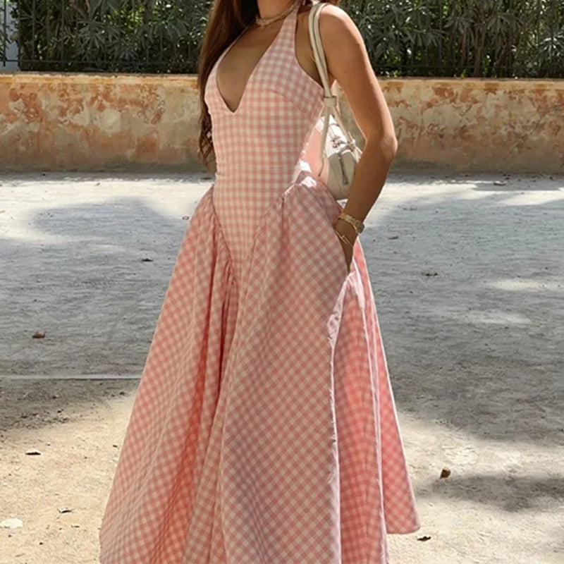 Women's Elegant French Style Pleated Maxi Dress – V-Neck Ruched... oaklynwear