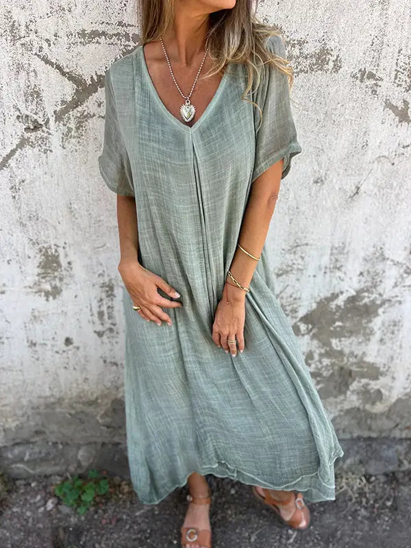 Oaklyn Gauze Cotton Midi Dress – V-Neck Short Sleeve Double Layer Relaxed Everyday Style oaklynwear