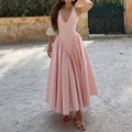 Women's Elegant French Style Pleated Maxi Dress – V-Neck Ruched... oaklynwear