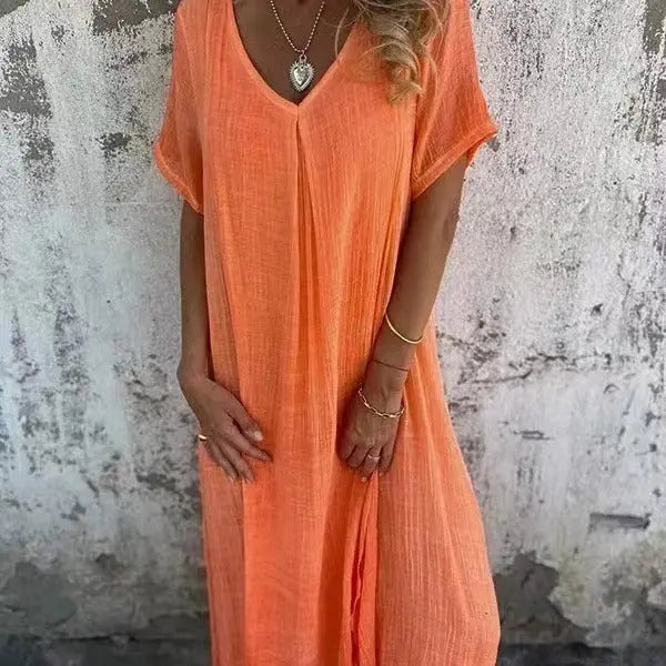 Oaklyn Gauze Cotton Midi Dress – V-Neck Short Sleeve Double Layer Relaxed Everyday Style oaklynwear