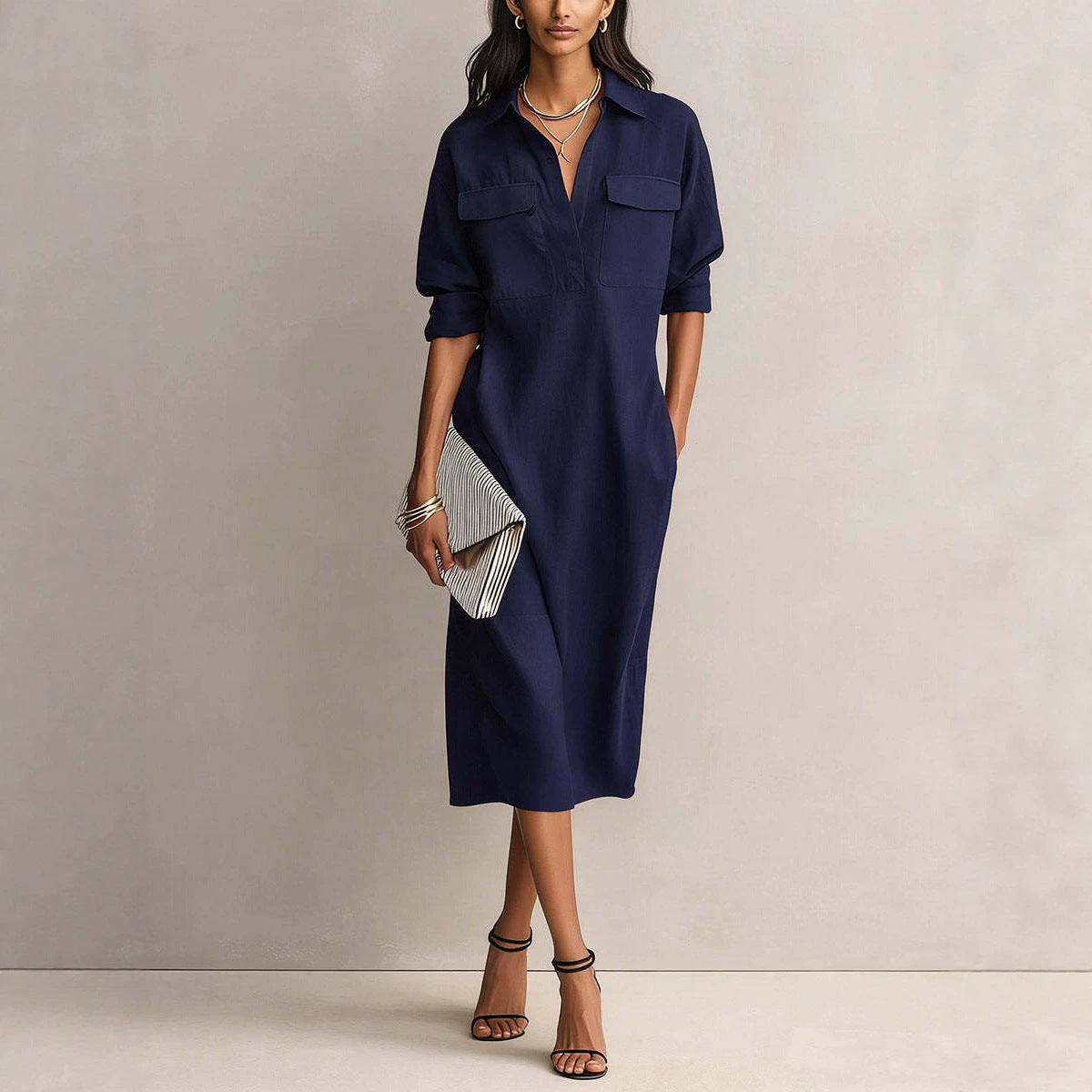 Frances | Black Linen Shirt Collar Midi Dress oaklynwear