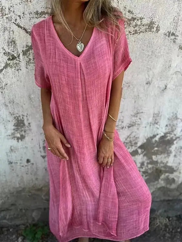 Oaklyn Gauze Cotton Midi Dress – V-Neck Short Sleeve Double Layer Relaxed Everyday Style oaklynwear