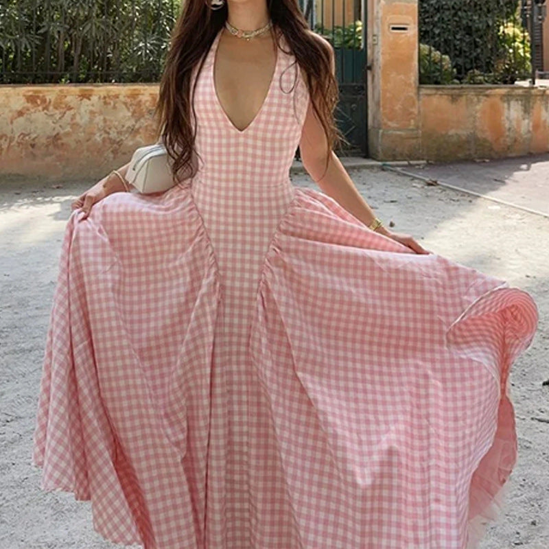 Women's Elegant French Style Pleated Maxi Dress – V-Neck Ruched... oaklynwear