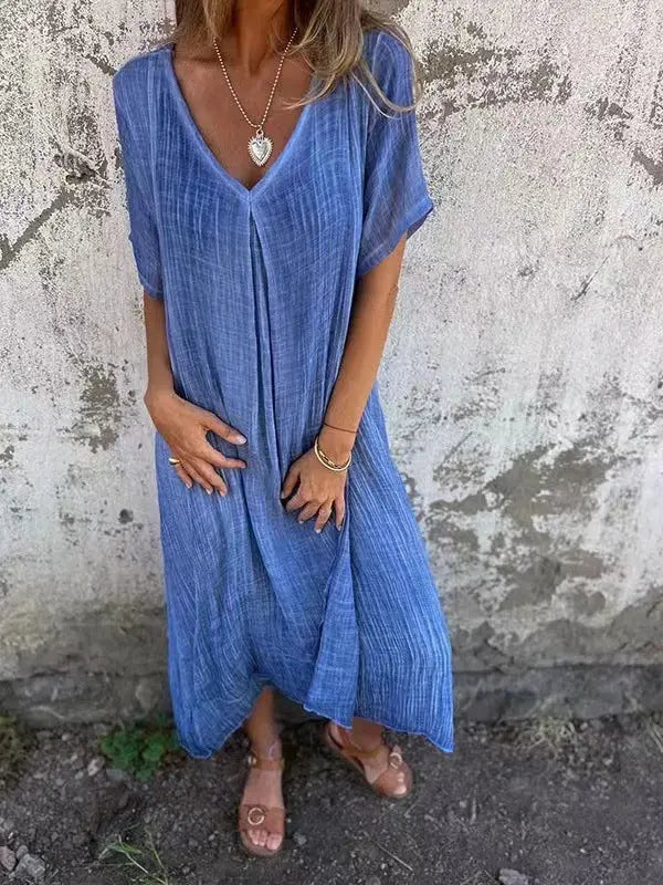 Oaklyn Gauze Cotton Midi Dress – V-Neck Short Sleeve Double Layer Relaxed Everyday Style oaklynwear