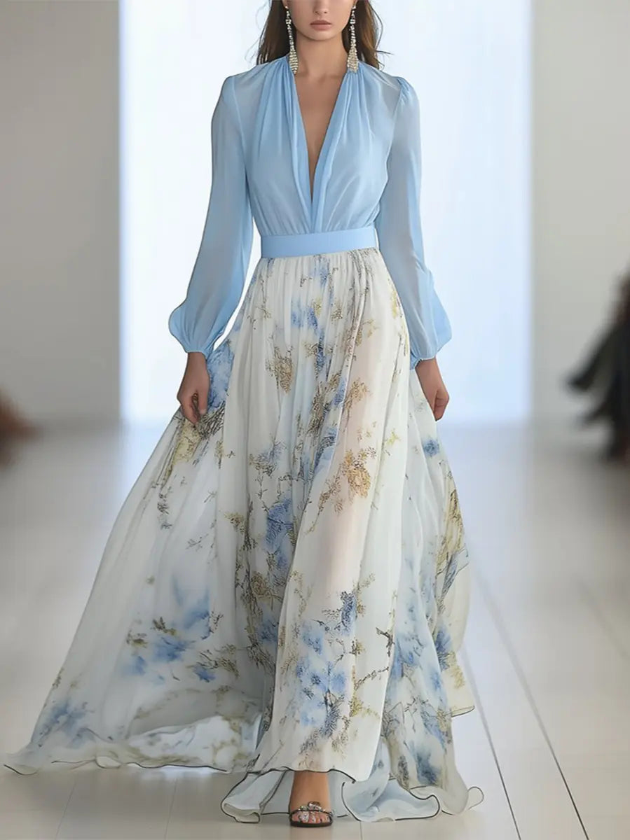 Oaklyn Two-Tone Floral Chiffon Maxi Dress – Deep V-Neck Bishop Sleeve Formal Elegant Style oaklynwear