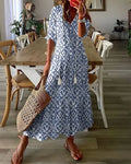 Oaklyn Ikat Geometric Maxi Dress – V-Neck Tassel Tie 3/4 Sleeve Boho Style oaklynwear