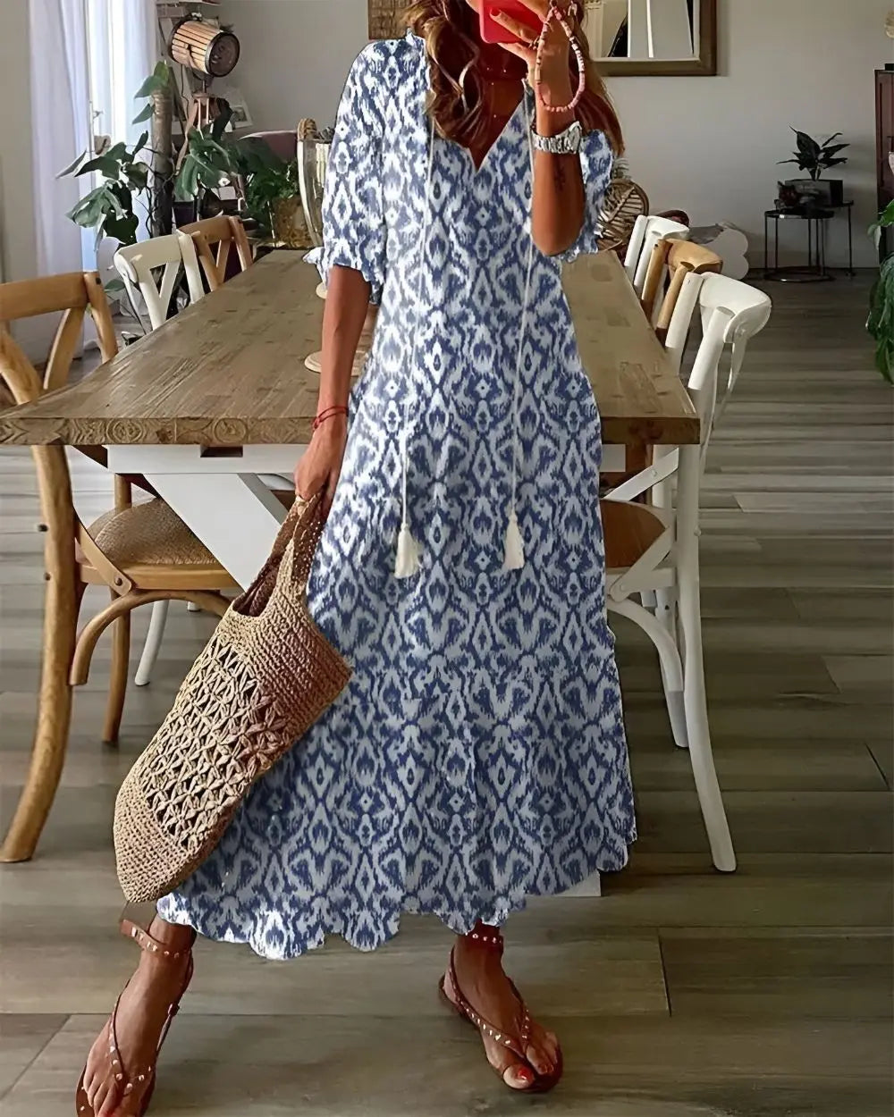 Oaklyn Ikat Geometric Maxi Dress – V-Neck Tassel Tie 3/4 Sleeve Boho Style oaklynwear