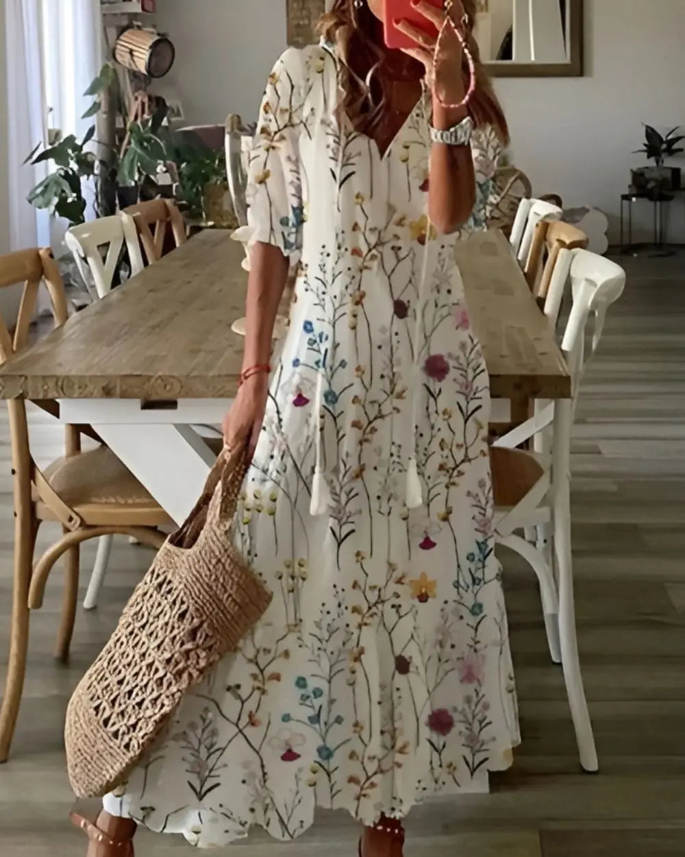 Oaklyn Ikat Geometric Maxi Dress – V-Neck Tassel Tie 3/4 Sleeve Boho Style oaklynwear
