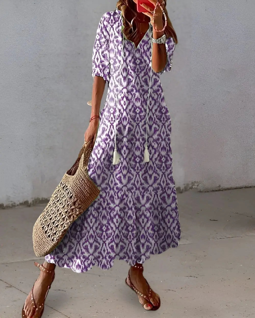 Oaklyn Ikat Geometric Maxi Dress – V-Neck Tassel Tie 3/4 Sleeve Boho Style oaklynwear