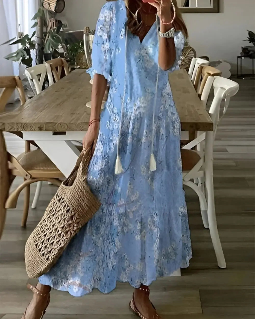 Oaklyn Ikat Geometric Maxi Dress – V-Neck Tassel Tie 3/4 Sleeve Boho Style oaklynwear