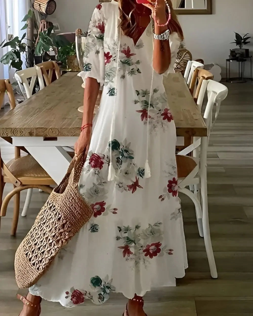 Oaklyn Ikat Geometric Maxi Dress – V-Neck Tassel Tie 3/4 Sleeve Boho Style oaklynwear
