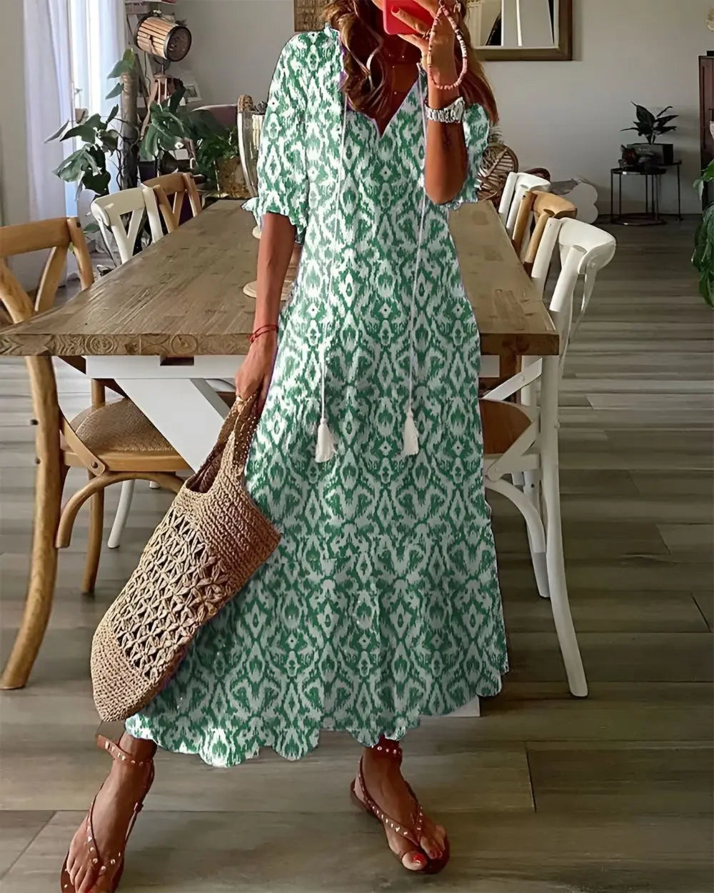Oaklyn Ikat Geometric Maxi Dress – V-Neck Tassel Tie 3/4 Sleeve Boho Style oaklynwear