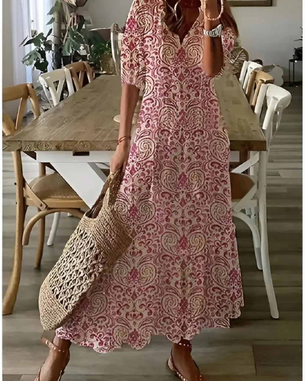 Oaklyn Ikat Geometric Maxi Dress – V-Neck Tassel Tie 3/4 Sleeve Boho Style oaklynwear