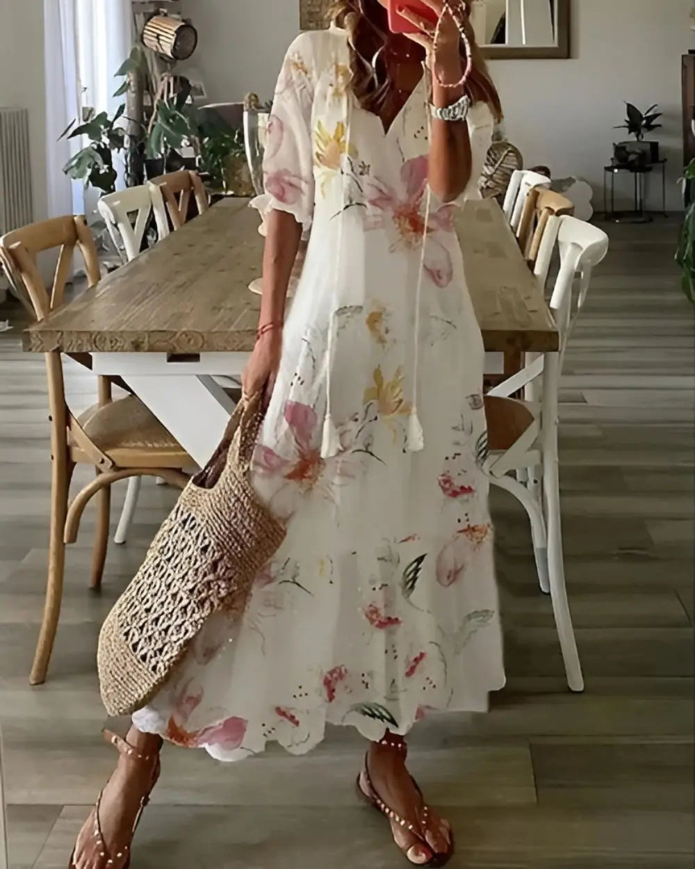 Oaklyn Ikat Geometric Maxi Dress – V-Neck Tassel Tie 3/4 Sleeve Boho Style oaklynwear