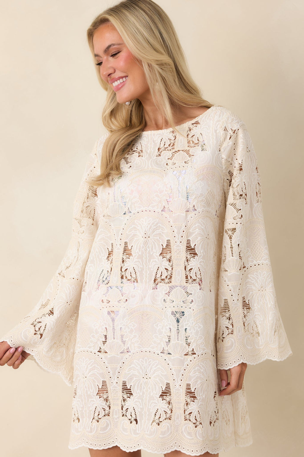 Paradisa Sea La Vie Ivory Embroidered Lace Cover Up Mini Dress oaklynwear