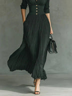 Pleated Front-Button Maxi Dress oaklynwear