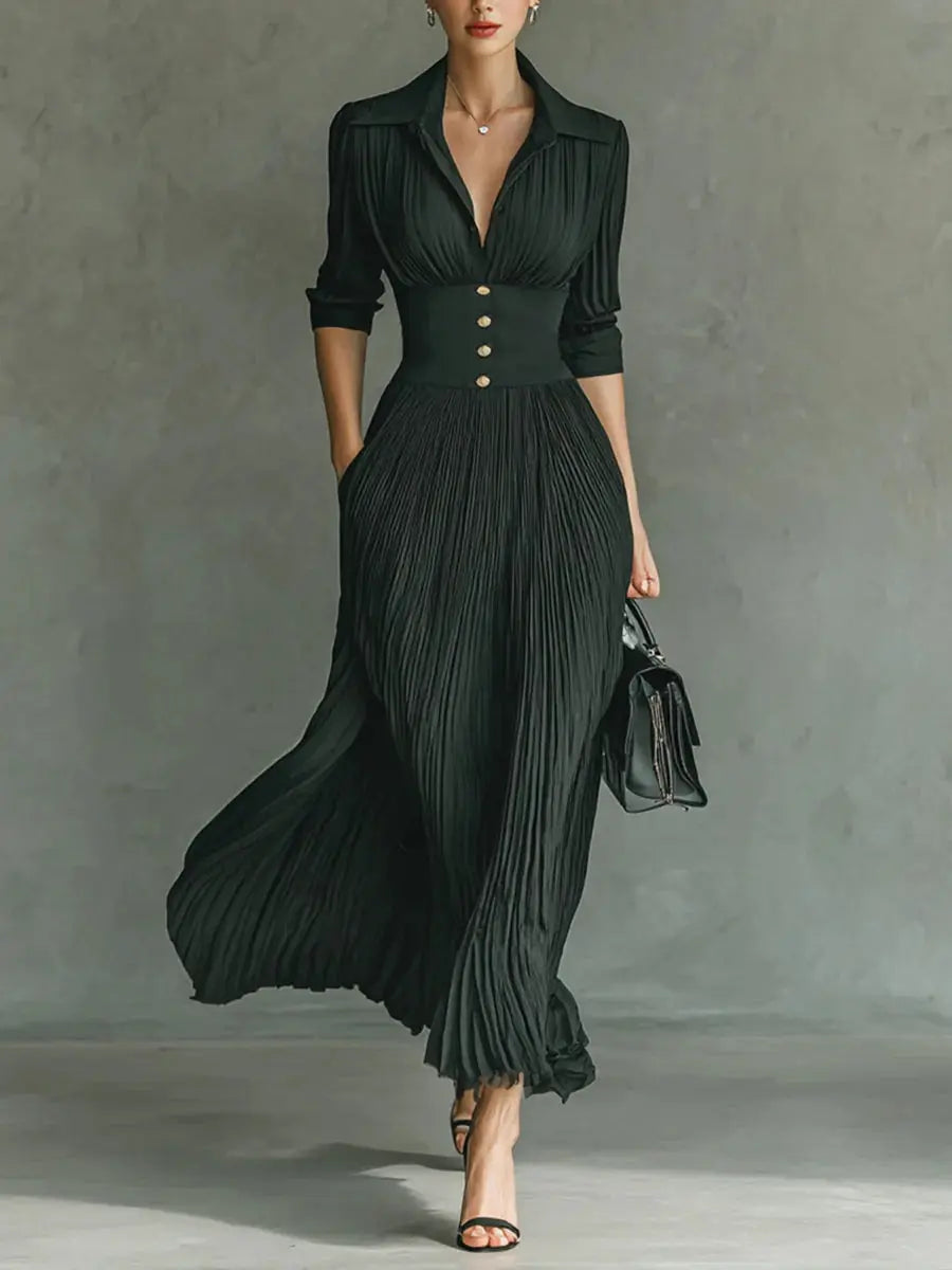 Pleated Front-Button Maxi Dress oaklynwear