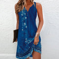 Oaklyn Vintage Botanical Sleeveless Dress – V-Neck Button Placket Boho Border Print Summer Style oaklynwear