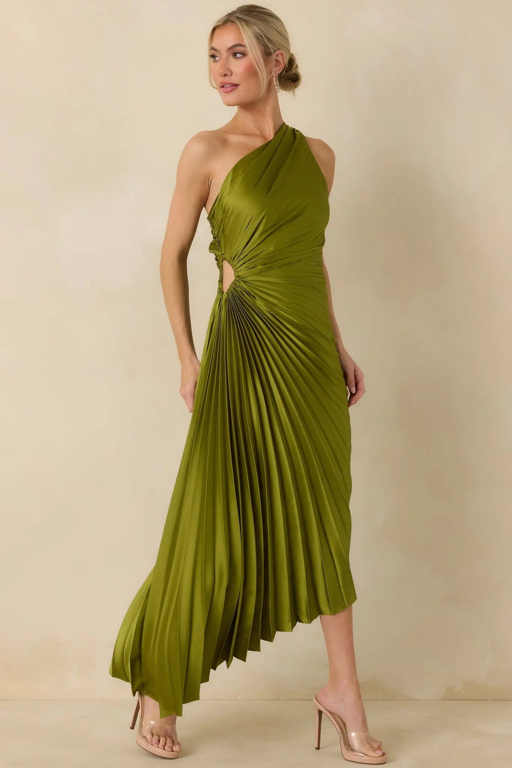 Poetic Charm Olive Green Asymmetric One Shoulder Maxi Dress oaklynwear