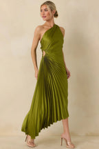 Poetic Charm Olive Green Asymmetric One Shoulder Maxi Dress oaklynwear