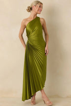 Poetic Charm Olive Green Asymmetric One Shoulder Maxi Dress oaklynwear