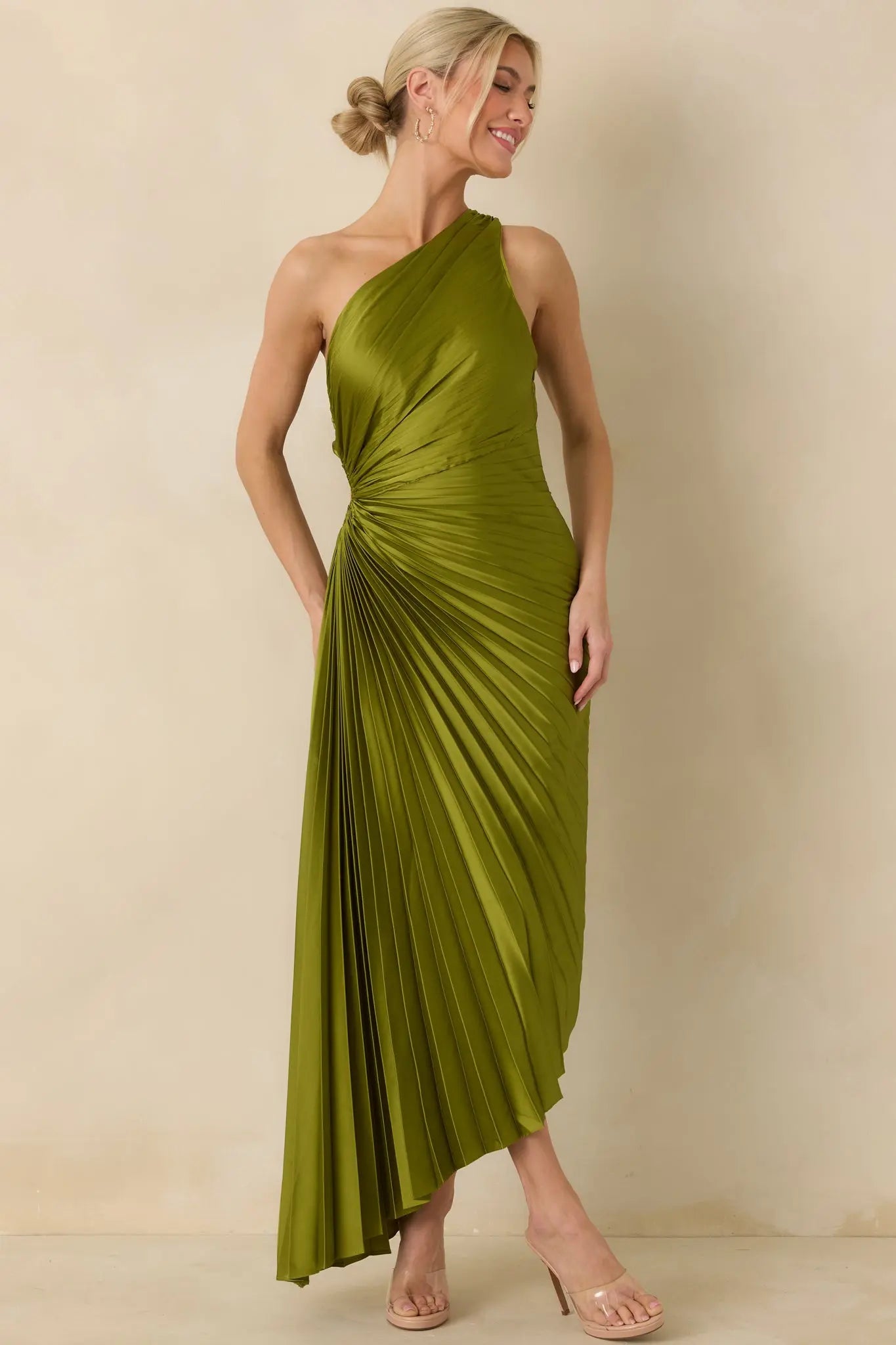 Poetic Charm Olive Green Asymmetric One Shoulder Maxi Dress oaklynwear