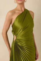 Poetic Charm Olive Green Asymmetric One Shoulder Maxi Dress oaklynwear