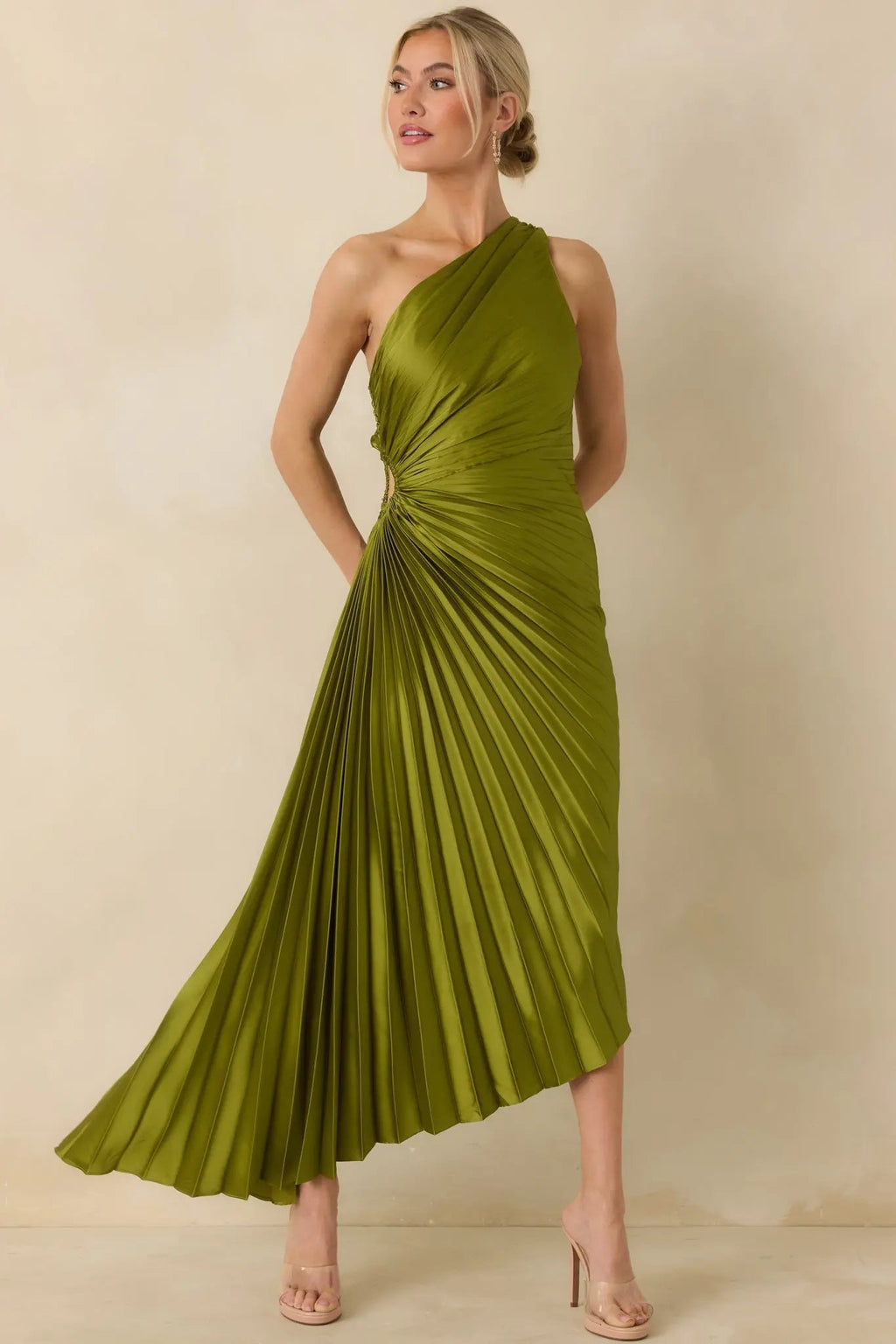 Poetic Charm Olive Green Asymmetric One Shoulder Maxi Dress oaklynwear