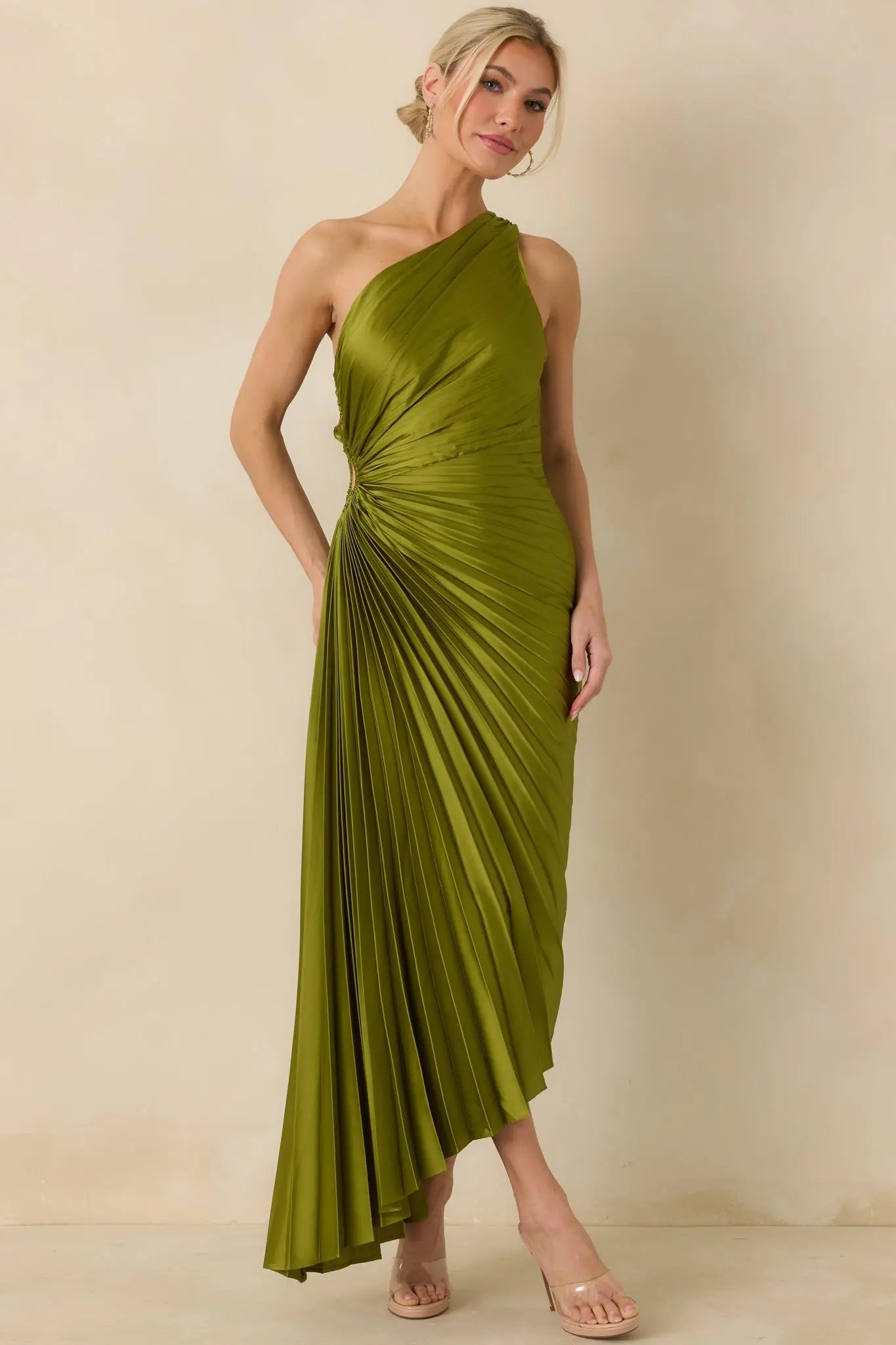 Poetic Charm Olive Green Asymmetric One Shoulder Maxi Dress oaklynwear