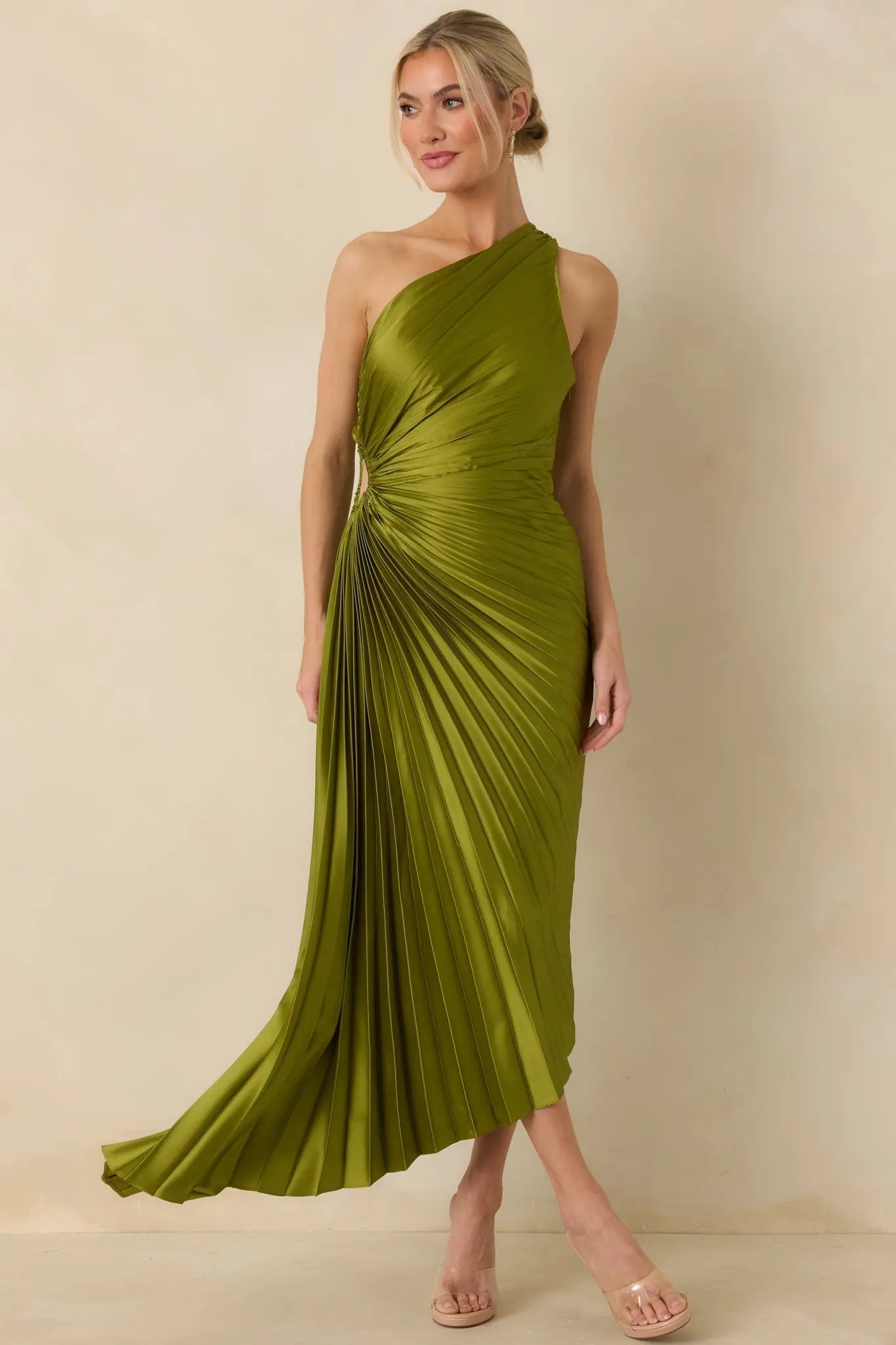 Poetic Charm Olive Green Asymmetric One Shoulder Maxi Dress oaklynwear
