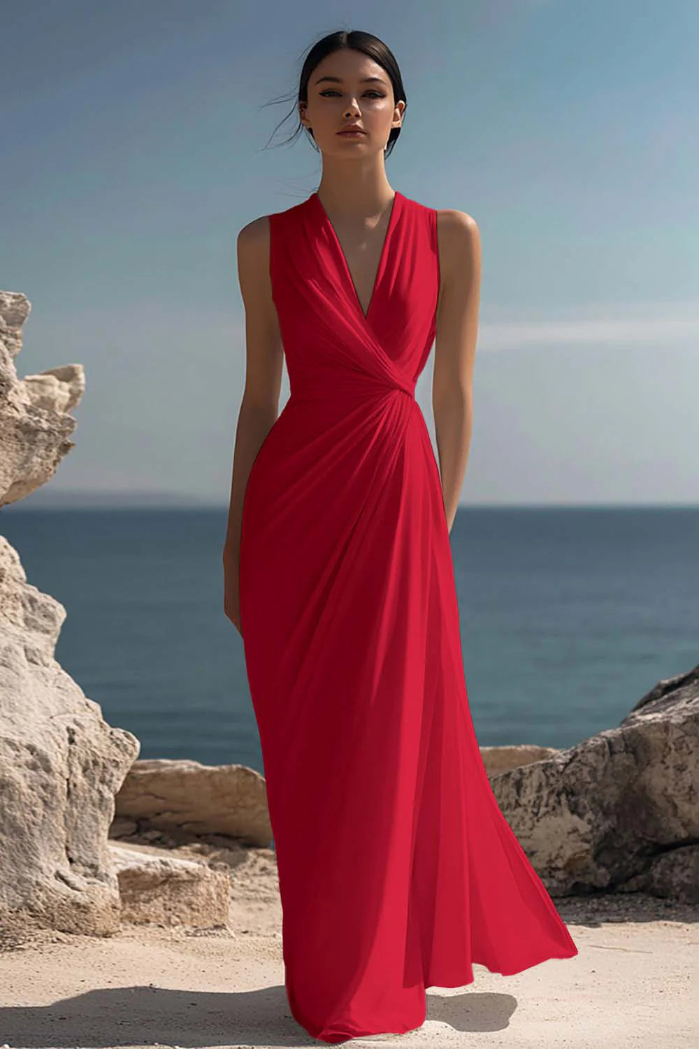 Blanche | Ruched Chiffon V-Neck Maxi Dress oaklynwear