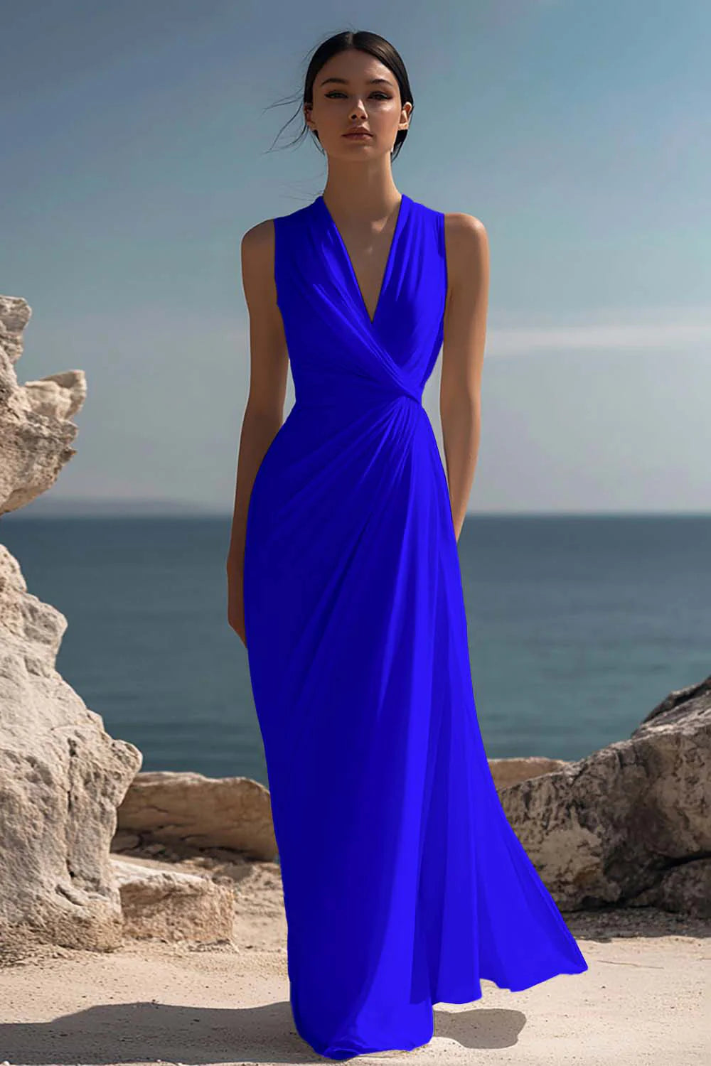 Blanche | Ruched Chiffon V-Neck Maxi Dress oaklynwear