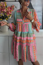 Oaklyn Aztec Geometric Tiered Midi Dress – Mandarin Collar 3/4 Flare Sleeve Boho Spring Style oaklynwear