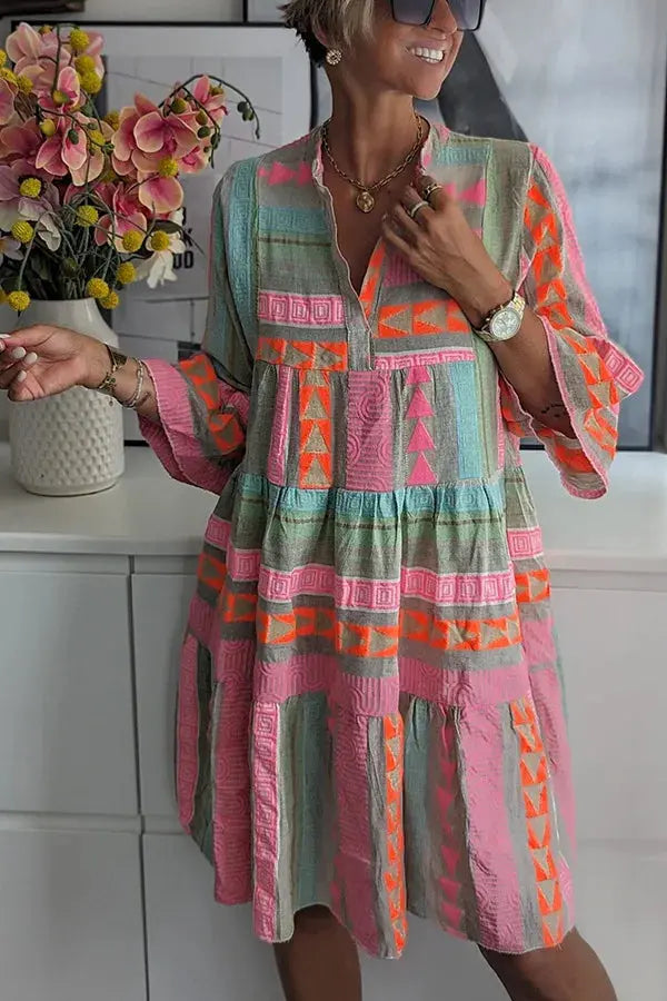 Oaklyn Aztec Geometric Tiered Midi Dress – Mandarin Collar 3/4 Flare Sleeve Boho Spring Style oaklynwear