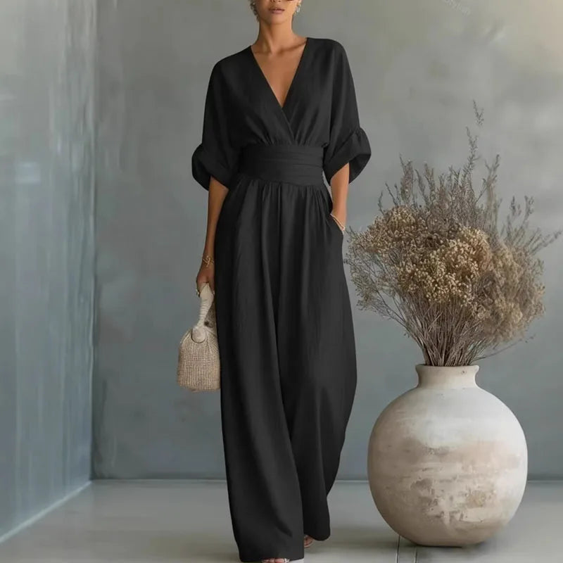 Helena | V-Neck Chiffon Wide-Leg Jumpsuit oaklynwear