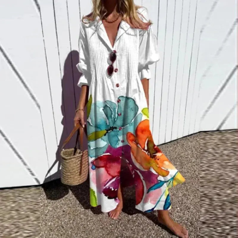 Oaklyn Abstract Painterly Floral Maxi Dress – V-Neck Button Placket Short Sleeve Tiered Boho Style oaklynwear