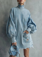 Keira Oversized Distressed Denim-Look Shirt Mini Dress Frayed Hem - front view