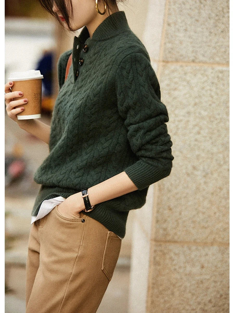 Ellie | Button-Up Cable Knit Sweater with Stand Collar, Cozy Winter Pullover oaklynwear