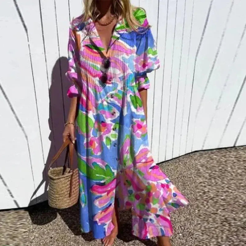 Oaklyn Abstract Painterly Floral Maxi Dress – V-Neck Button Placket Short Sleeve Tiered Boho Style oaklynwear