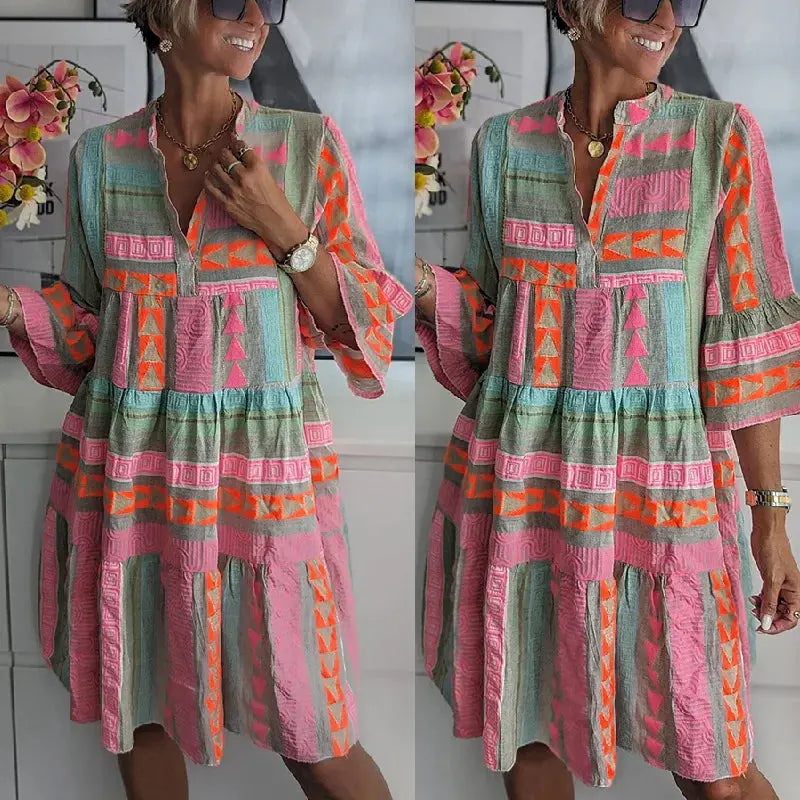 Oaklyn Aztec Geometric Tiered Midi Dress – Mandarin Collar 3/4 Flare Sleeve Boho Spring Style oaklynwear