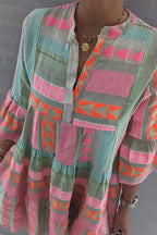 Oaklyn Aztec Geometric Tiered Midi Dress – Mandarin Collar 3/4 Flare Sleeve Boho Spring Style oaklynwear