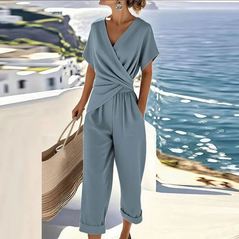 Women’s Two Piece Set – Wrap Top and Tailored Pants Matching Outfit Elegant Summer Set oaklynwear