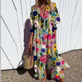 Oaklyn Abstract Painterly Floral Maxi Dress – V-Neck Button Placket Short Sleeve Tiered Boho Style oaklynwear