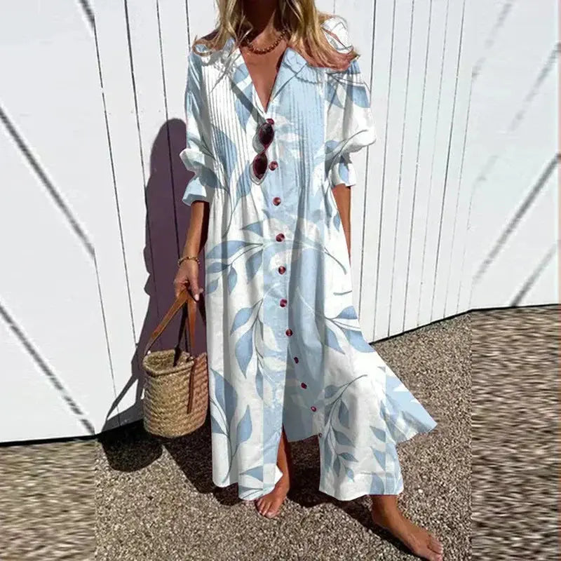 Oaklyn Abstract Painterly Floral Maxi Dress – V-Neck Button Placket Short Sleeve Tiered Boho Style oaklynwear