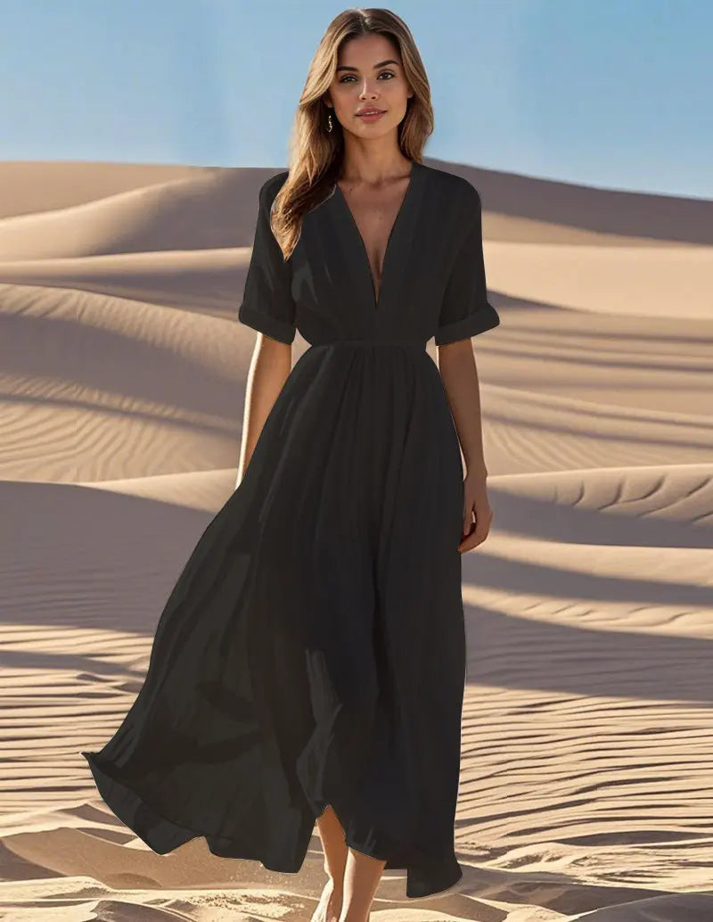 Sofia™ | Women's Deep V-Neck Flowy Maxi Dress – Elastic Waist Short Sleeve Summer Dress oaklynwear