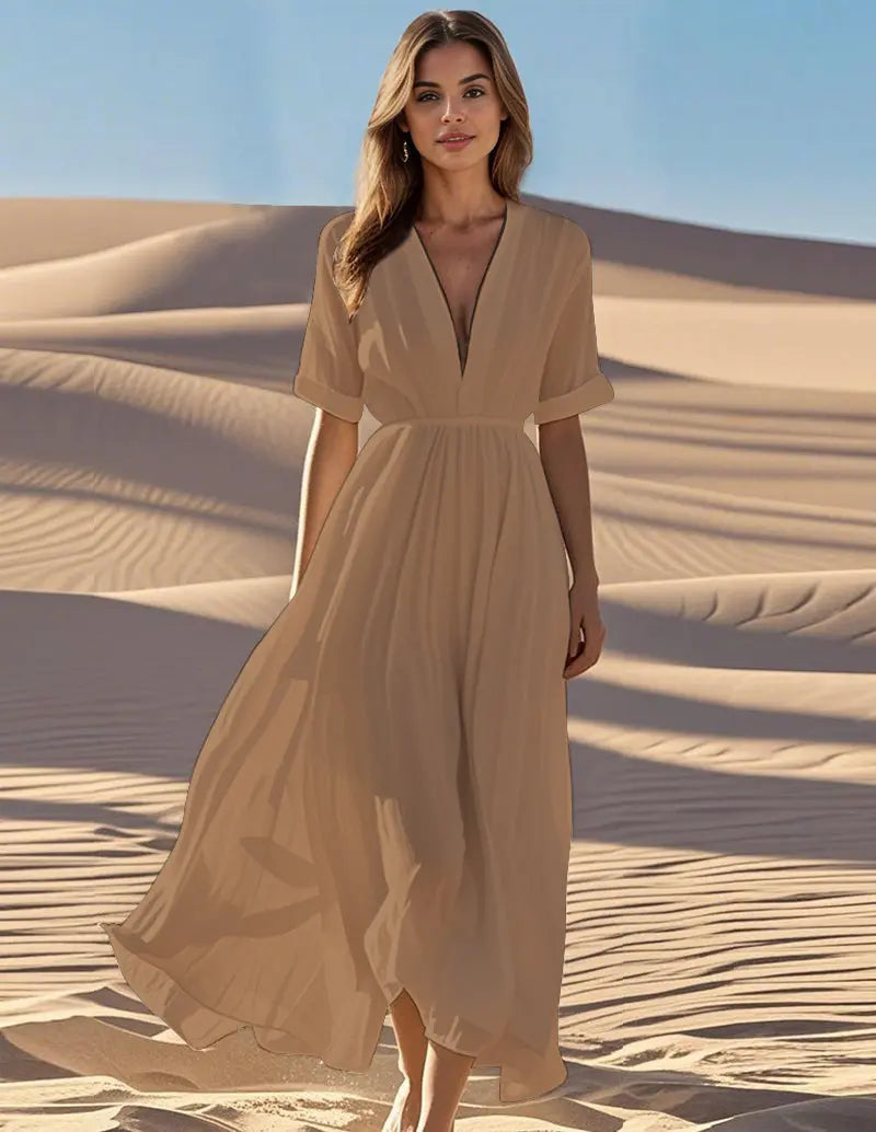 Sofia™ | Women's Deep V-Neck Flowy Maxi Dress – Elastic Waist Short Sleeve Summer Dress oaklynwear